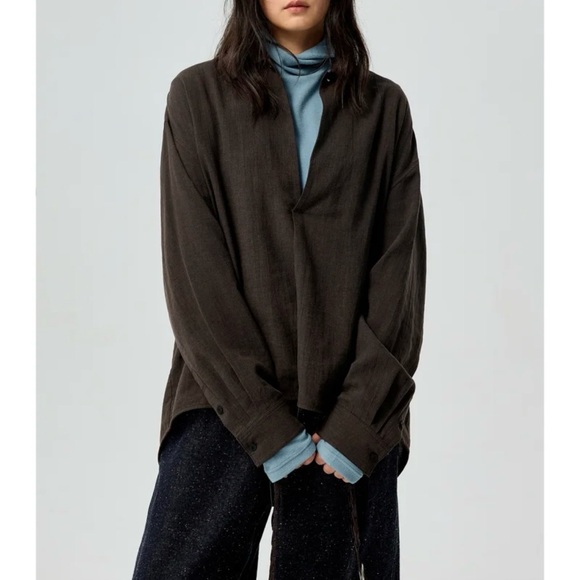 Simple Project Tops - Simple Project Minimalist Oversized Brown Deep V-Neck Blouse shirt S